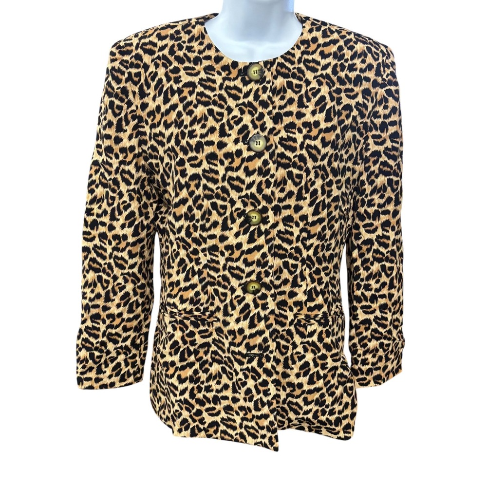 Petite Sophisticate Leopard Print‎ Button Front Blazer Lined Jacket - Size 4